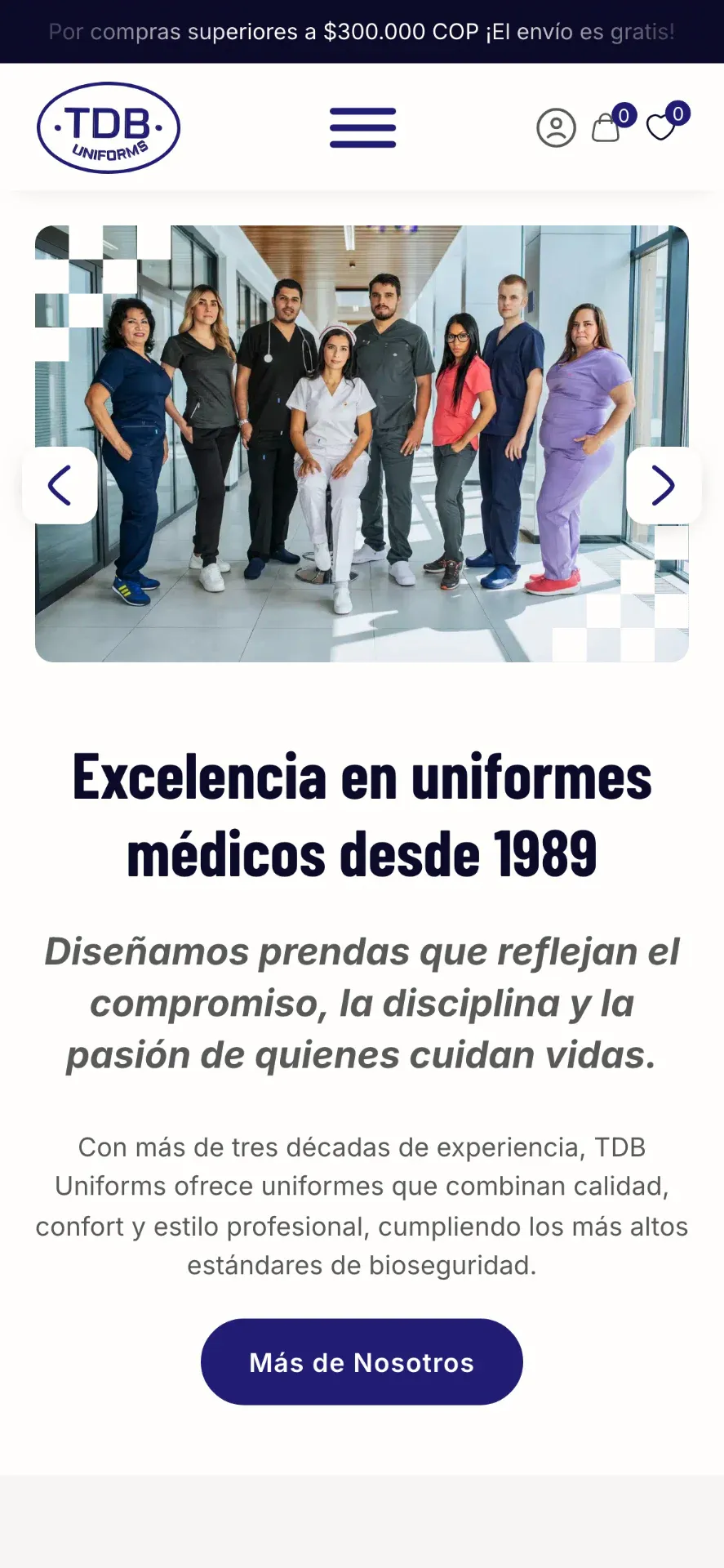 Página principal de TDB Uniforms en un teléfono móvil