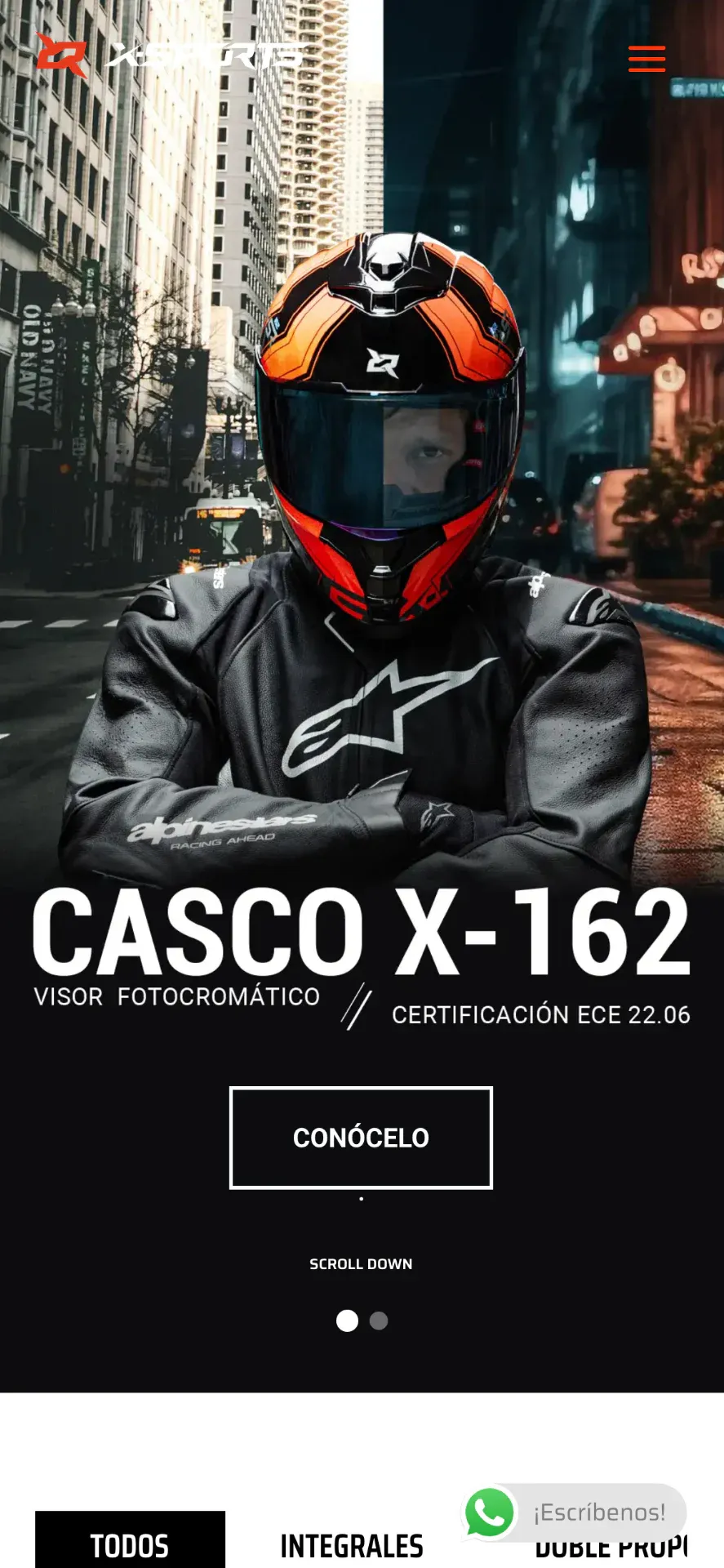 Página principal de X Sports Helmets en un teléfono móvil